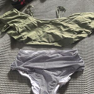 Olive Green Ruffle Bikini Top with Black & White Striped High Waist Bottoms